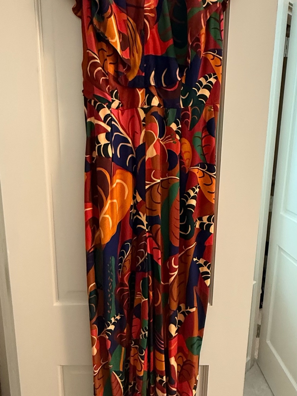 Farm Rio Multicolor Abstract Jumpsuit NWOT in Navy, Red, Green & Orange.